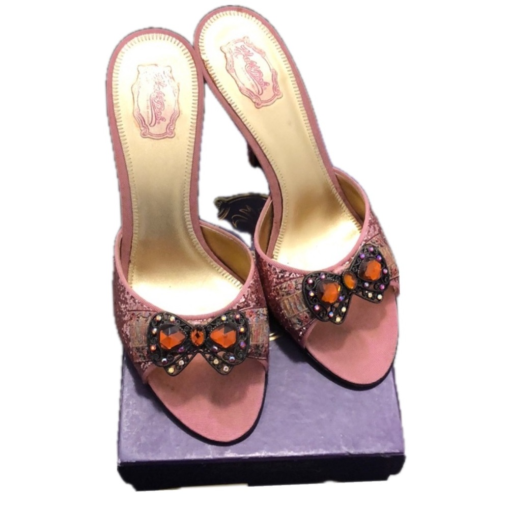 Hale Bob Glitter Pink open toe slide heels